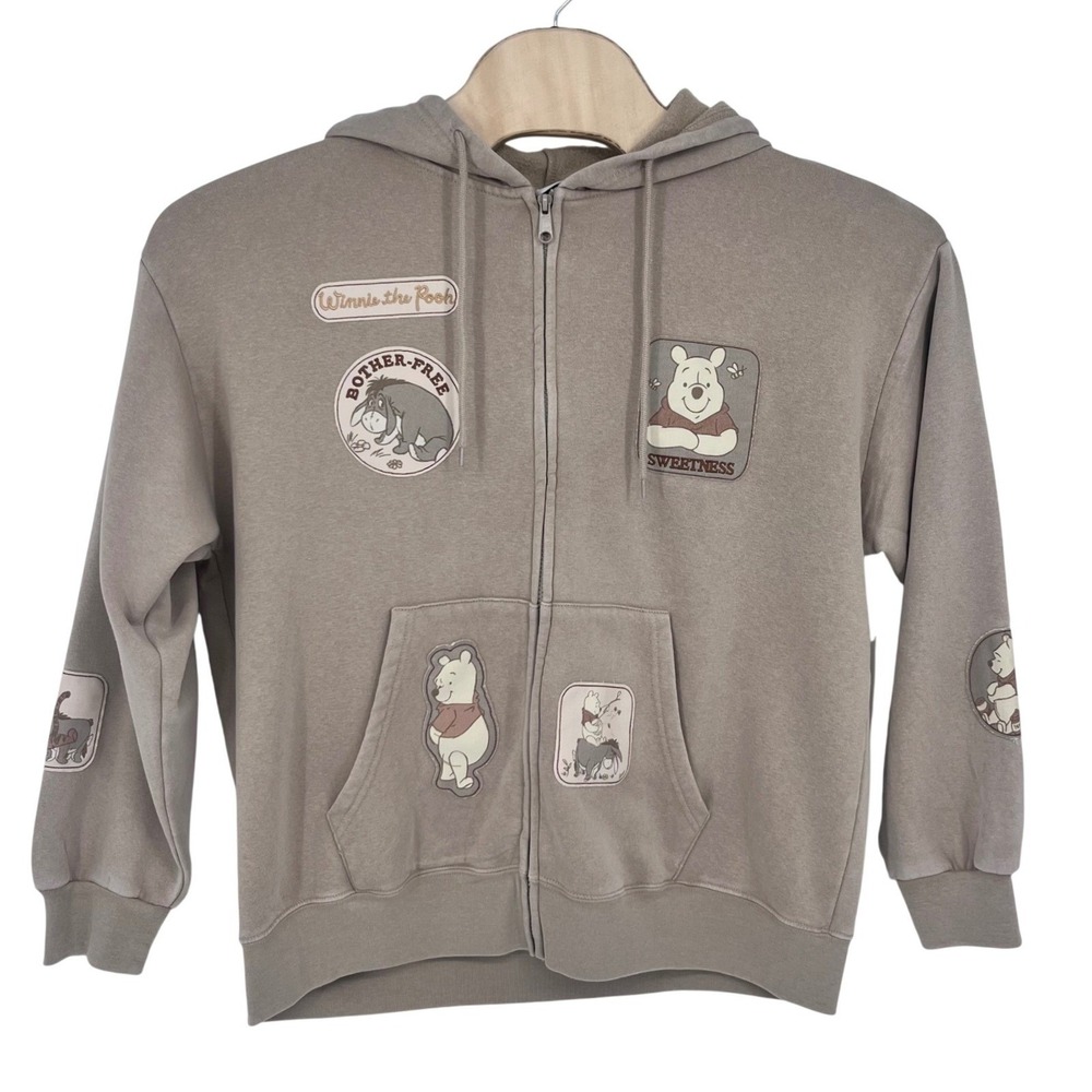 Disney Winnie the Pooh Hoodie Women's XL Cream Fleece Multi Patch Full Zip NEW
